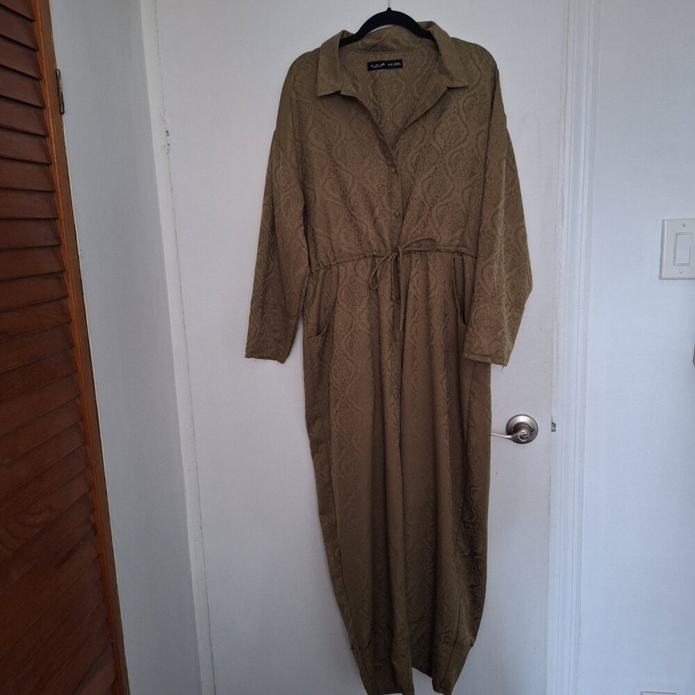 Urban Outfitters Jacquard Jumpsuit Olive Green Satin with Pockets Size M - Picture 6 of 9